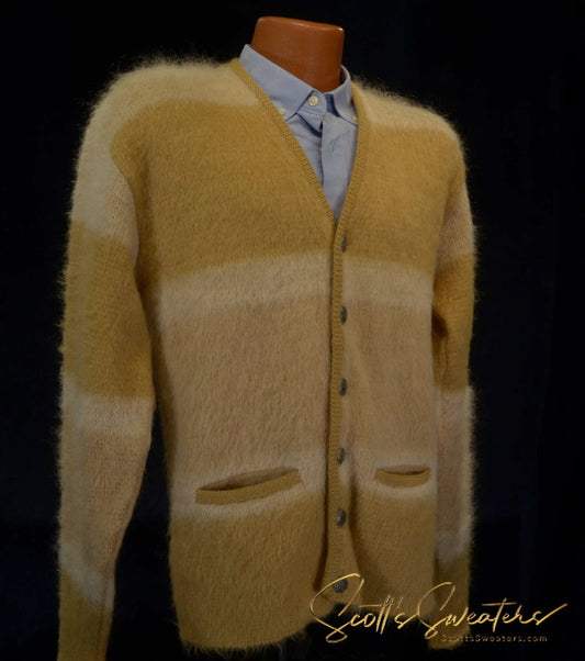 Men's Retro Classic tri-color mohair cardigan with metal coin buttons, size small