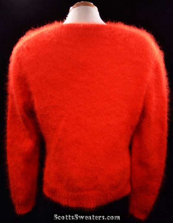 Woman's red ultra-soft angora V-neck sweater by Lafayette 148 shown from the back in medium size