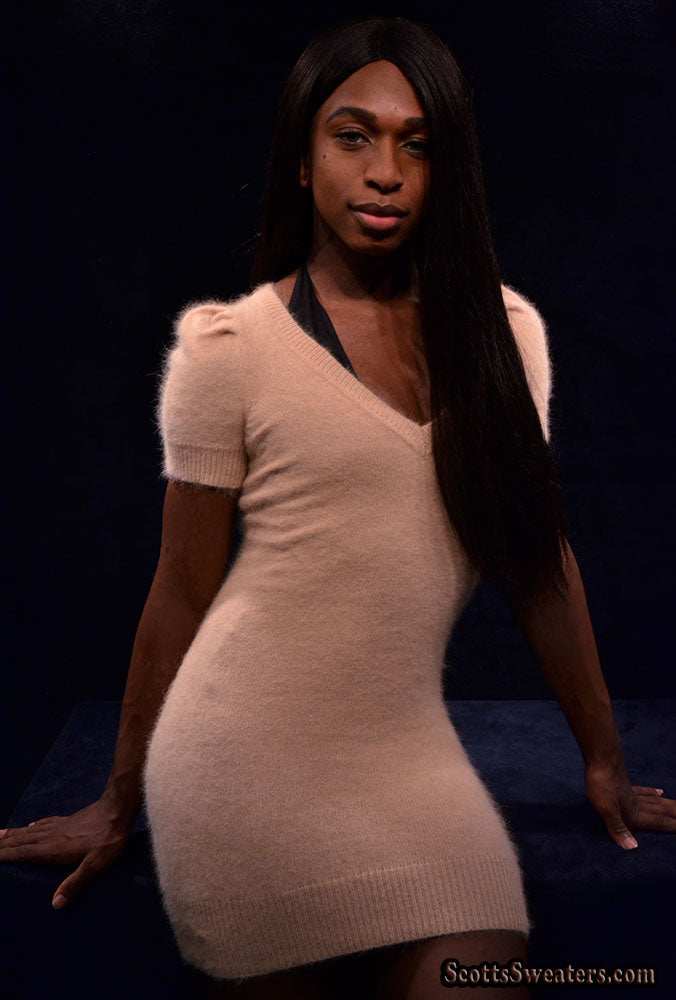 Tan angora sweaterdress worn by model, short-sleeve fitted knit dress in tan color