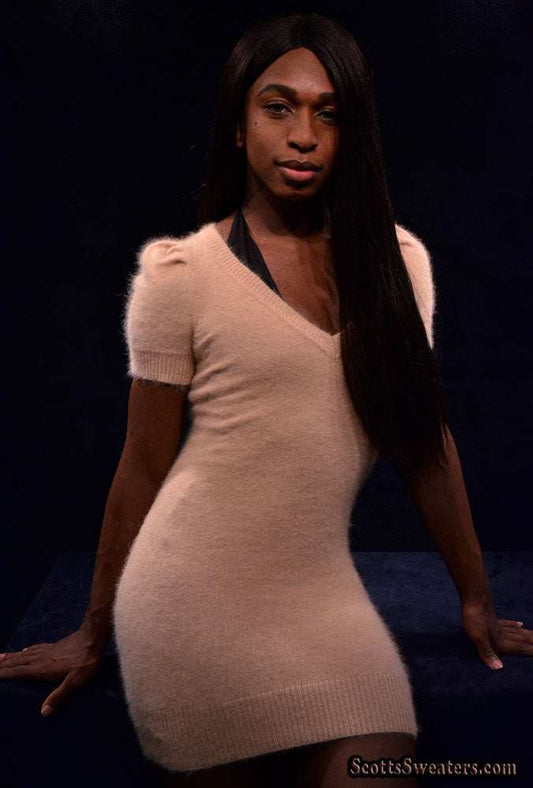 Tan angora sweaterdress worn by model, short-sleeve fitted knit dress in tan color