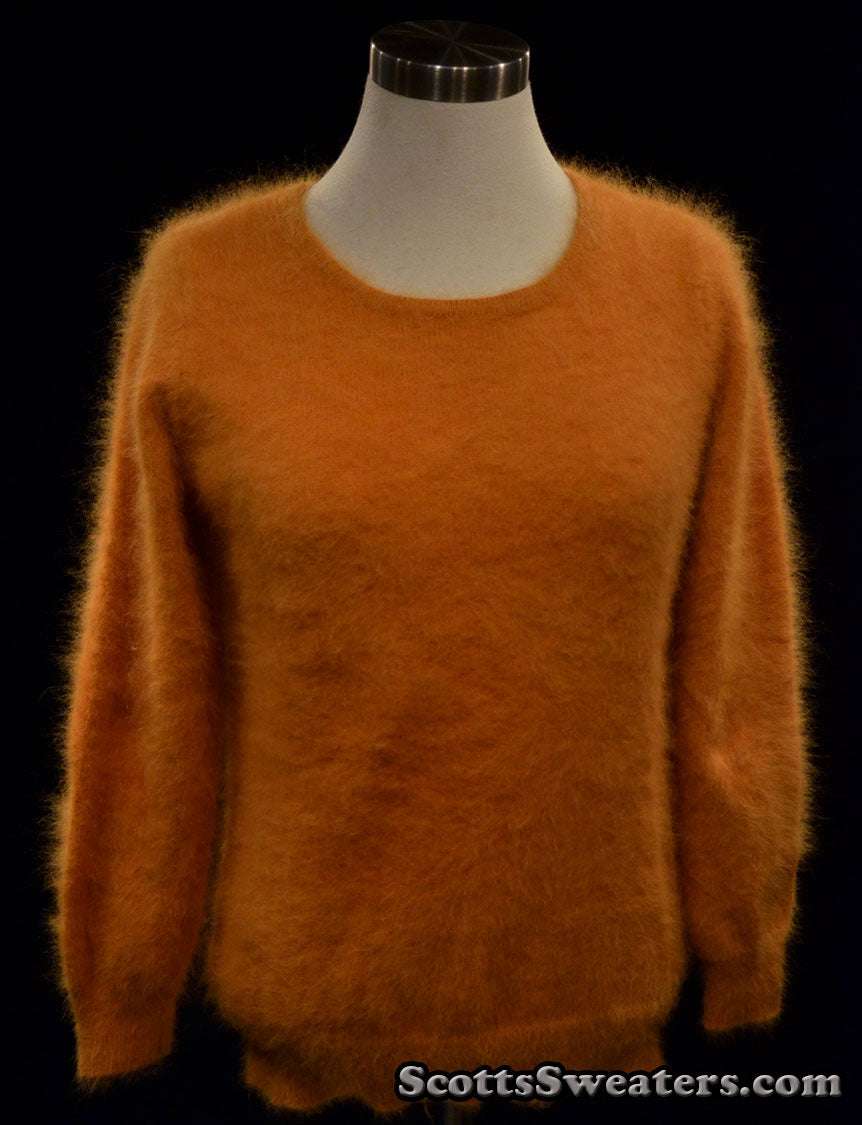 Woman's golden roundneck soft fuzzy angora sweater by Scott's Sweaters