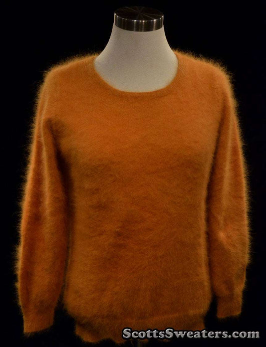 Woman's golden roundneck soft fuzzy angora sweater by Scott's Sweaters