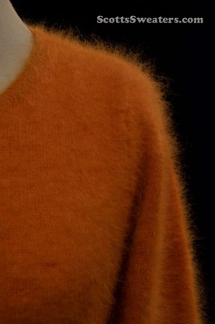 Woman's golden roundneck soft fuzzy angora sweater by Scotts Sweaters