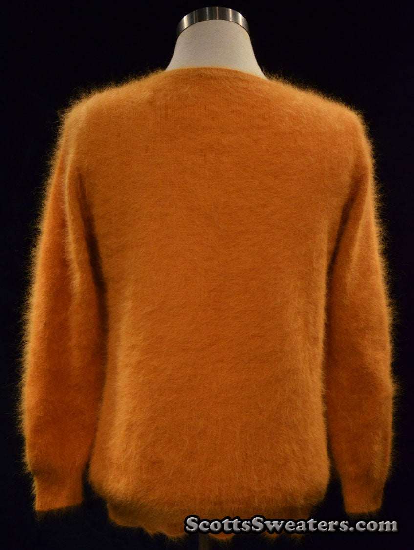 Woman wearing golden roundneck angora sweater by Scott's Sweaters