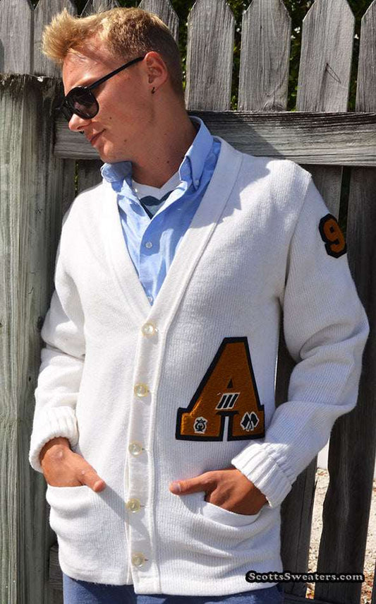 Retro classic men's white letterman cardigan sweater with patches and buttons, size small