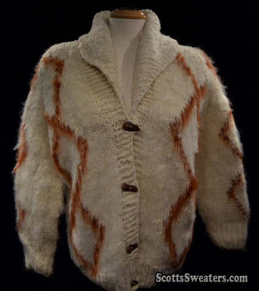 Woman's fuzzy Nepal wool hand-knit cardigan sweater with brown diamond pattern and toggle buttons