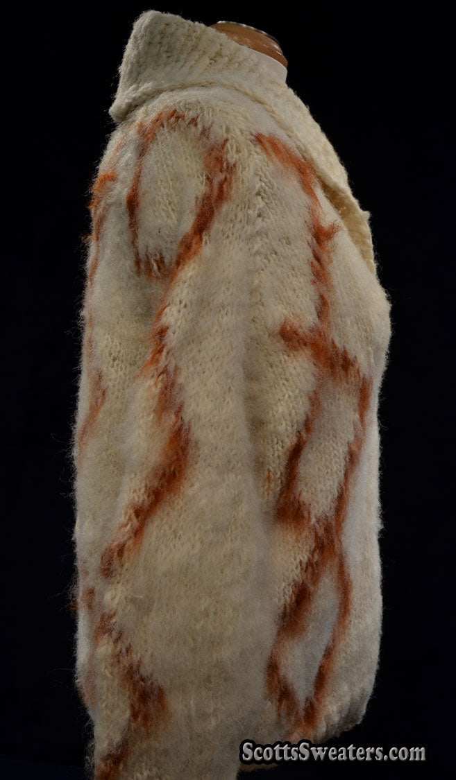Woman's fuzzy Nepal wool hand-knit cardigan sweater with brown diamond pattern and shawl collar