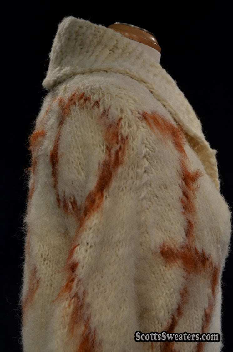 Woman's fuzzy Nepal wool hand-knit cardigan sweater with brown diamond pattern and shawl collar