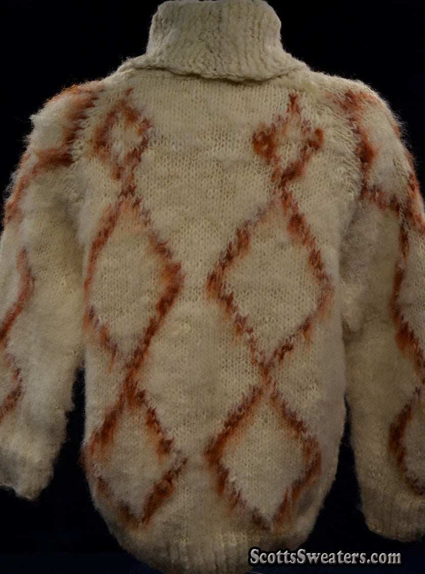 Woman's fuzzy Nepal wool hand-knit cardigan sweater with brown diamond pattern and shawl collar