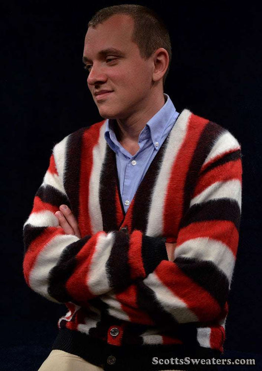 Men's Retro Cardigan Colorful Striped Faux-Mohair Sweater