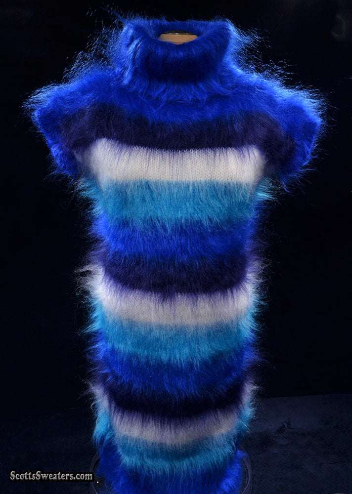 Woman's boldly striped sleeveless fuzzy mohair sweaterdress with cowlneck in blue and white tones by Scott's Sweaters