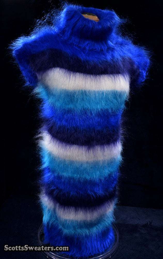Woman's boldly striped fuzzy mohair sleeveless cowlneck sweaterdress in blue and white tones