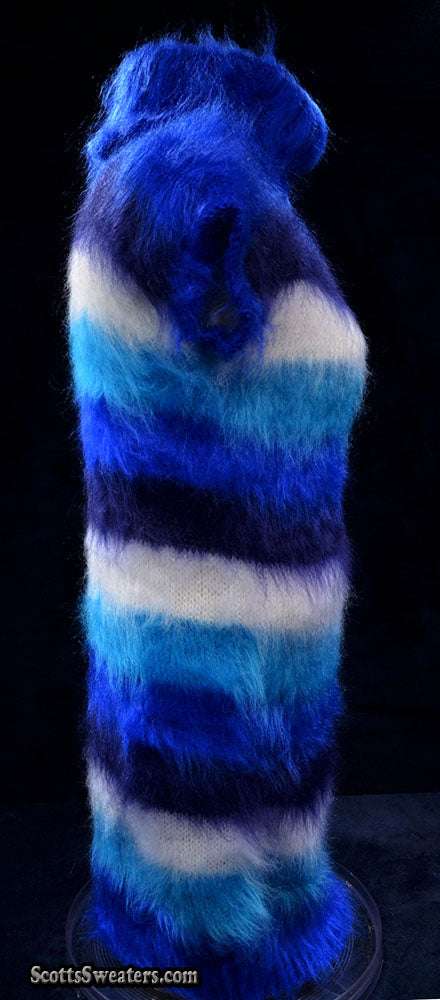 Woman's boldly striped fuzzy mohair sweaterdress in blue and white tones with sleeveless cowlneck design