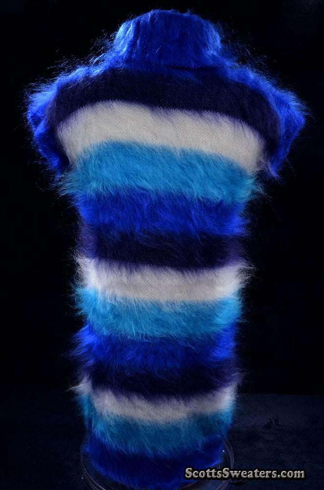 Woman's boldly striped fuzzy mohair sleeveless cowlneck sweaterdress in blue and white tones