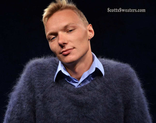 Men's handknit luxurious charcoal-grey crewneck angora sweater in large size