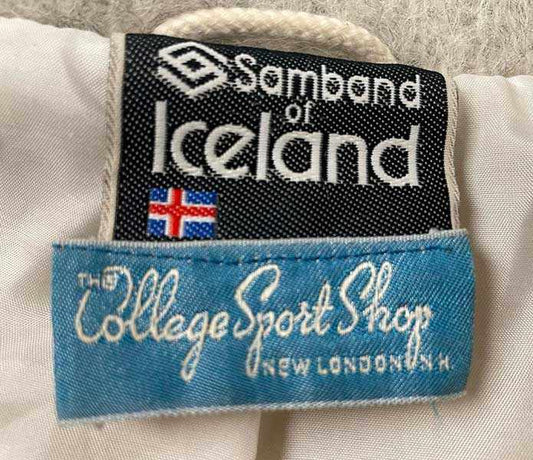 Men's Retro Icelandic Wool Coat by Samband of Iceland label with Icelandic flag and College Sport Shop New London tag