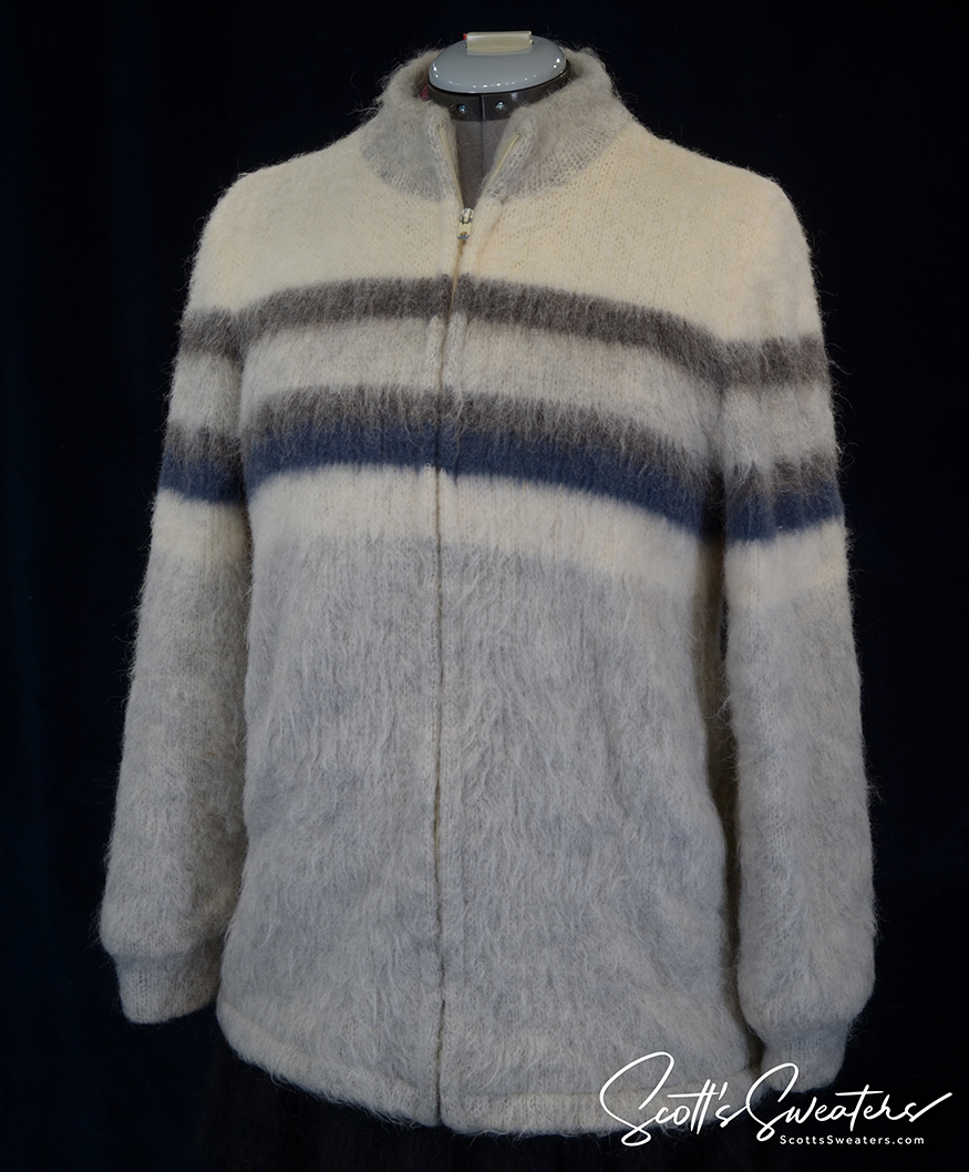 Men's retro Icelandic wool coat with four-tone grey and blue stripes and nylon lining, small size