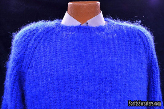 Men's electric-blue hand-knit crewneck mohair-blend sweater by Zara Men Moda Sport in X-Large size