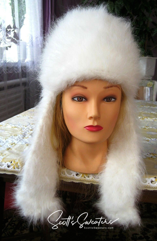 Hand-knit Siberian Woman's White Angora Ushanka Hat with traditional flaps and ear coverage