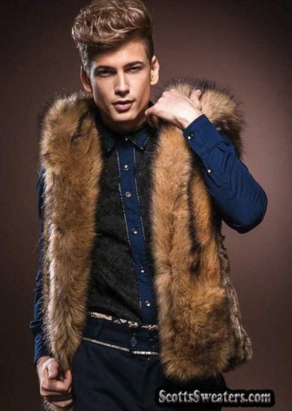 Men's Faux-Fur Sleeveless Hooded Vest