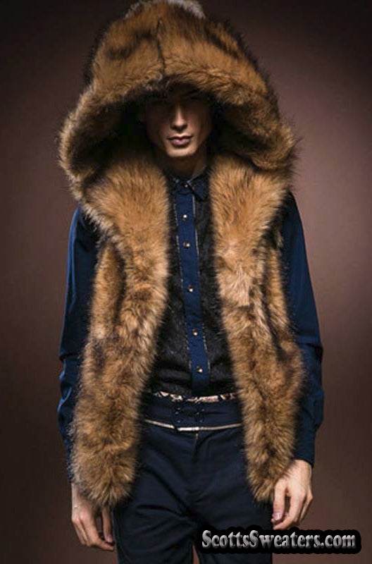 Men's Faux-Fur Sleeveless Hooded Vest