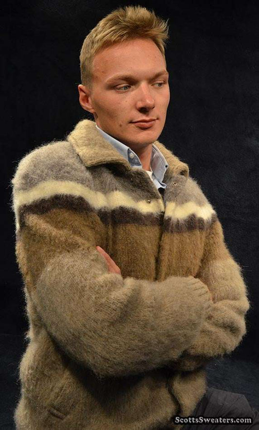 Men's retro Icelandic wool jacket with white-brown horizontal stripes by Hilda Ltd.