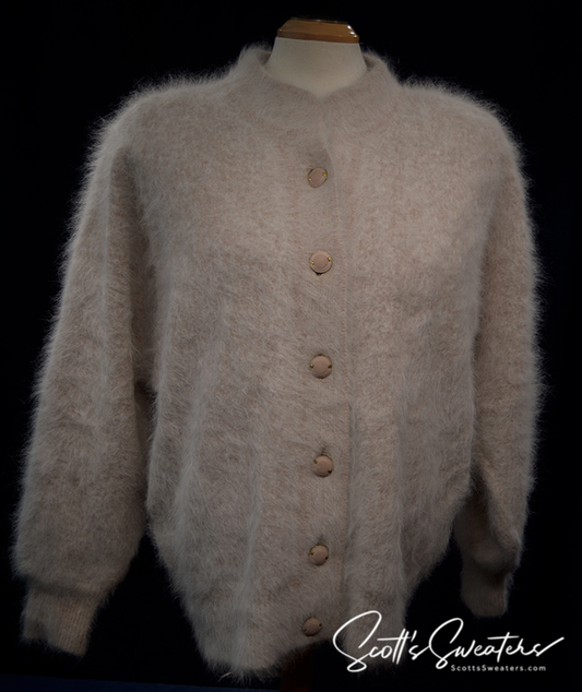 Woman's beige angora cardigan sweater with buttons by Connie A. Lee, small-medium size