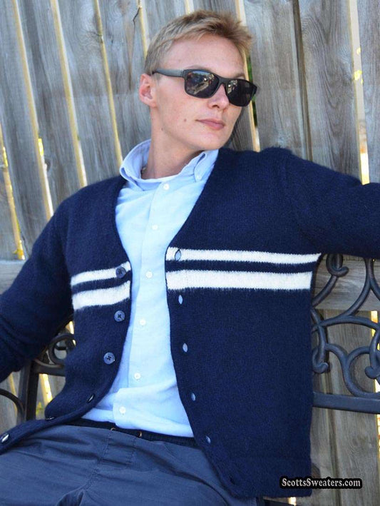 Men's navy blue cardigan mohair sweater with white horizontal stripes by GANT Rugger