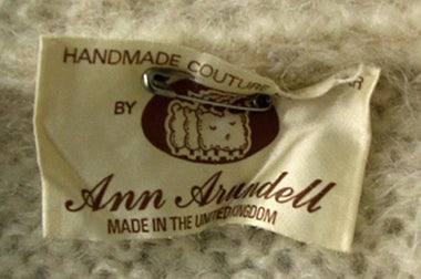 Label of handmade full-length mohair sweater-coat by Ann Arundell made in the United Kingdom