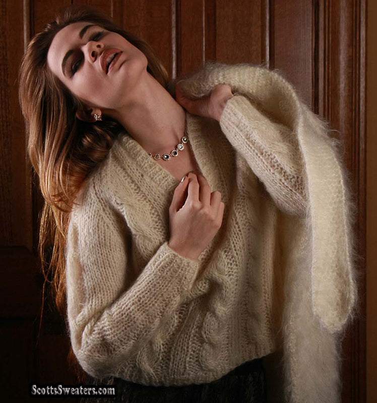 Woman's ivory cable-knit V-neck mohair wool sweater by Tam Italia