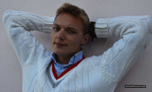 Retro classic men's V-neck cable-knit tennis sweater with red and grey striped trim by Campusport