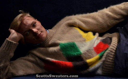 Tan fuzzy retro crewneck mohair sweater with multicolor diamond pattern on chest