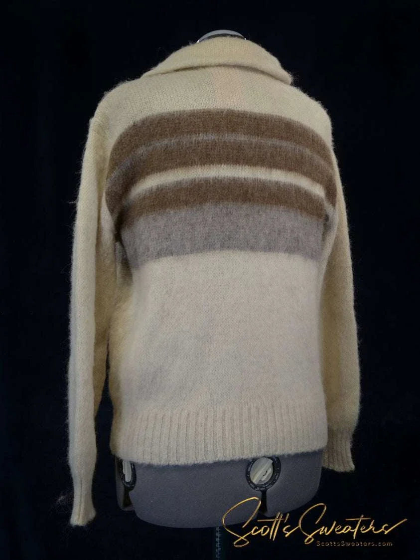 Men's retro ivory Icelandic wool jacket with grey and brown chest stripes and front pockets by Sears, size small