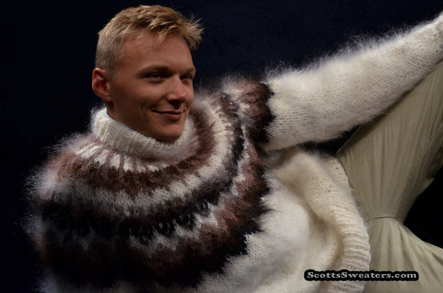 Men's handknit white mohair turtleneck sweater with black, brown, and tan yoke design by Scott's Sweaters