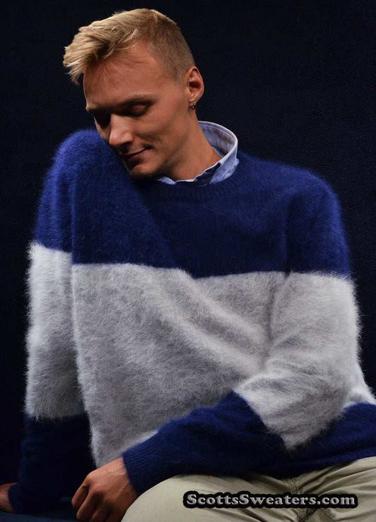 Men's striped angora crewneck sweater in close-out sale by Scott's Sweaters