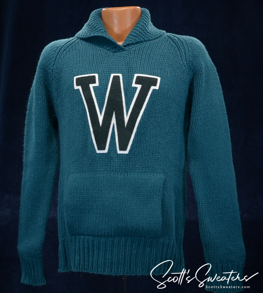 Retro classic shawl-neck letterman sports sweater in teal with large white W on chest and front pocket