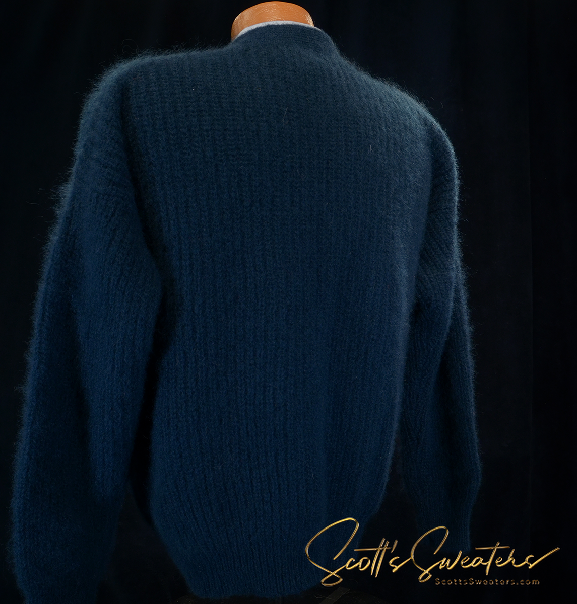 Men's teal-green rib-knit mohair cardigan sweater back view with baggy fit by WilliWear-WilliSmith