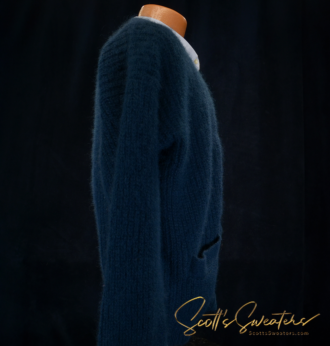 Men's teal-green rib-knit mohair cardigan sweater by WilliWear-WilliSmith with a loose, slouchy fit.