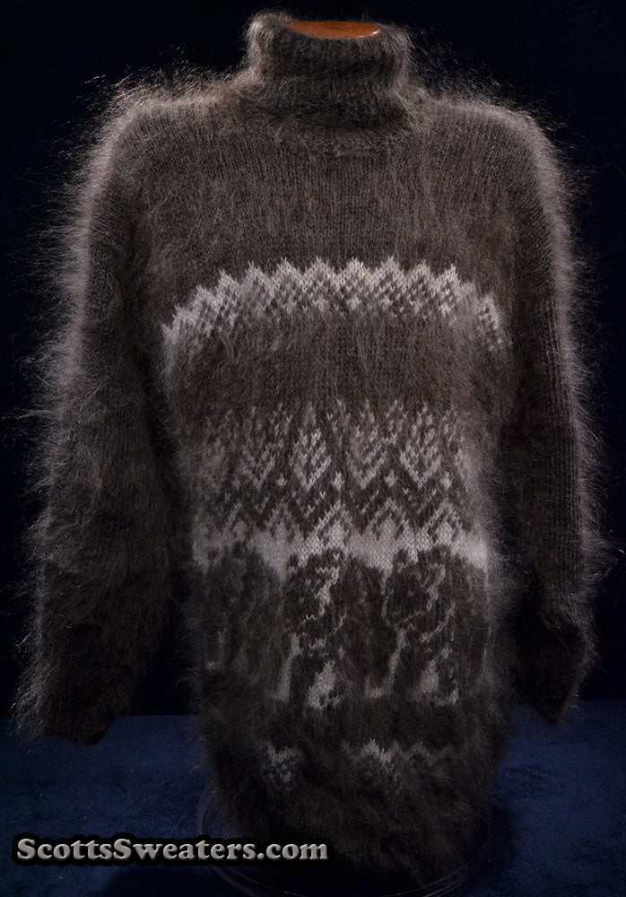 Men's Siberian handknit dark-grey mohair turtleneck sweater with white snow and bear design