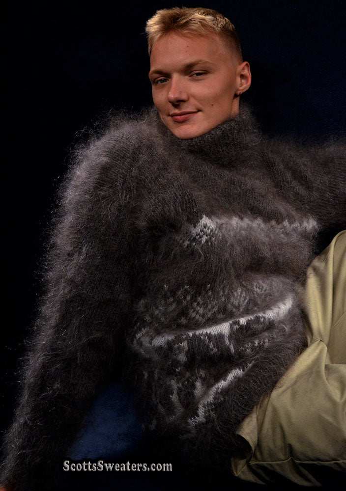 Men's Siberian handknit dark-grey mohair turtleneck sweater with white snow and bear design