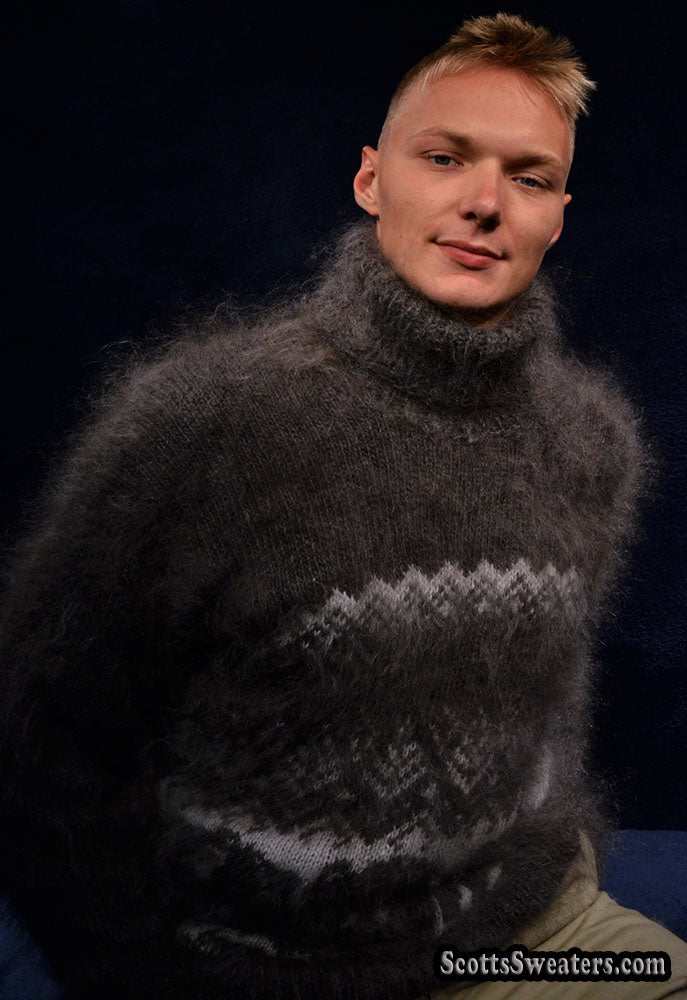 Men's Siberian handknit dark-grey mohair turtleneck sweater with white snow and bear design