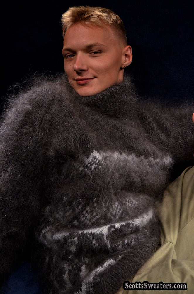Men's dark-grey Siberian handknit mohair turtleneck sweater with fuzzy texture and white snow/bear design