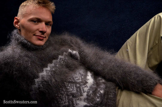 Men's Siberian handknit dark-grey mohair turtleneck sweater with white snow and bear design, medium-large size