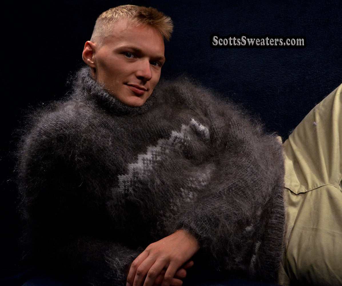 Men's dark grey Siberian handknit mohair turtleneck sweater with white snow and bear design
