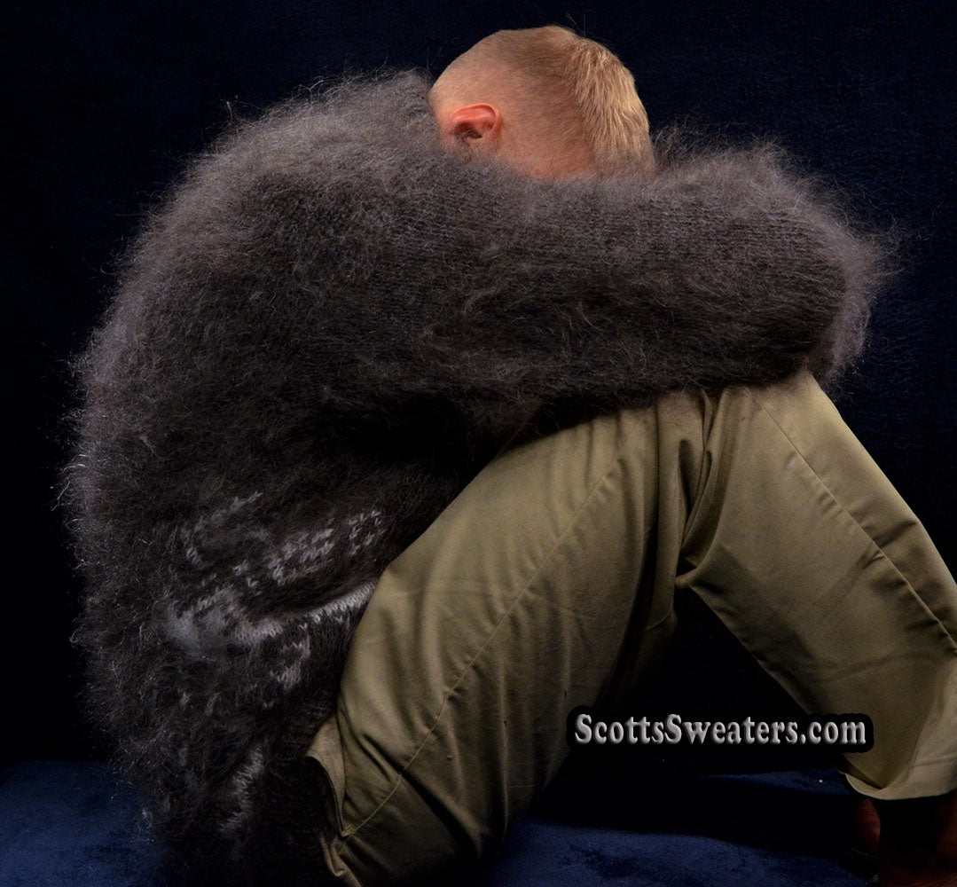 Men's dark-grey Siberian handknit mohair turtleneck sweater with white snow bear design