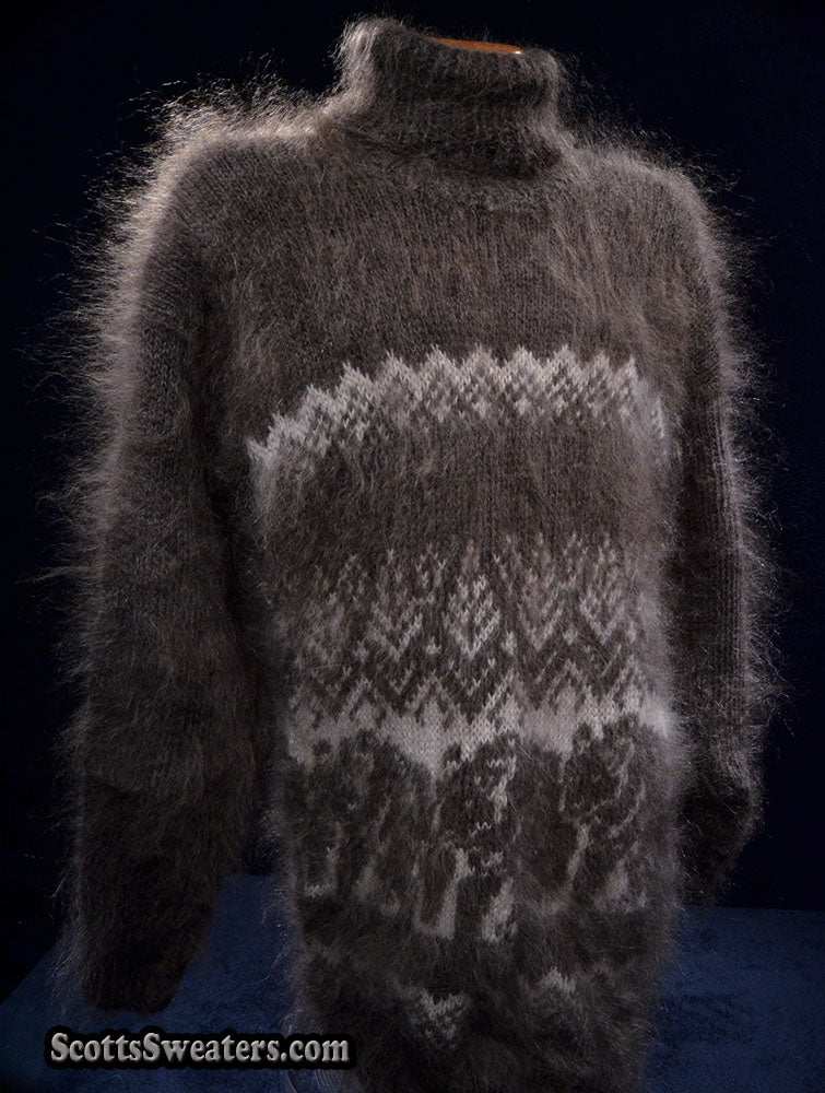 Men's Siberian handknit dark-grey mohair turtleneck sweater with white snow and bear pattern