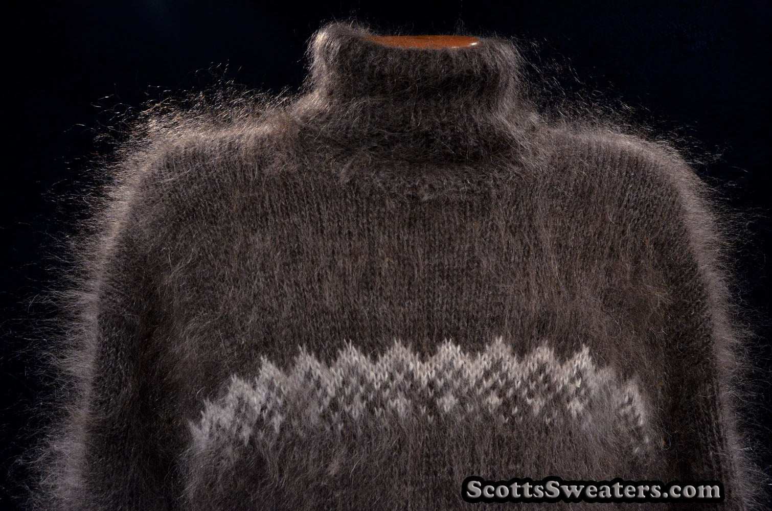 Men's dark-grey Siberian handknit mohair turtleneck sweater with white snow and bear design, extra-fuzzy texture.