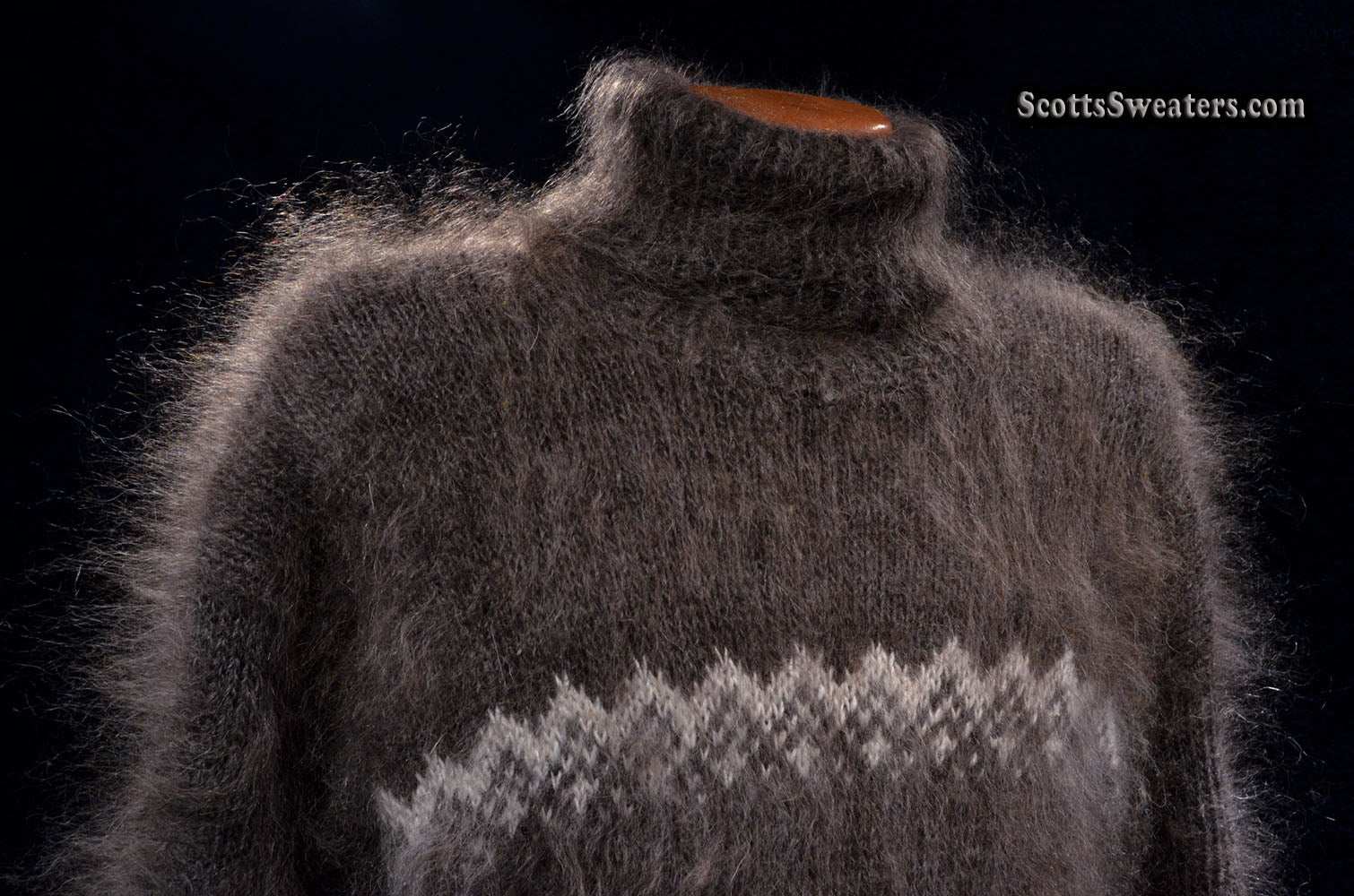 Men's Siberian handknit dark grey mohair turtleneck sweater with white snow and bear design, medium-large size