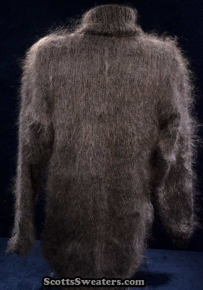 Men's Siberian handknit dark-grey fuzzy mohair turtleneck sweater back view