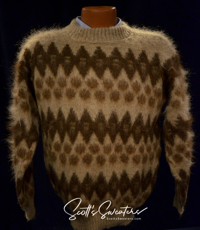 Men's retro Icelandic wool crewneck sweater in light brown with dark brown geometric patterns by Hekla Knitting Mill